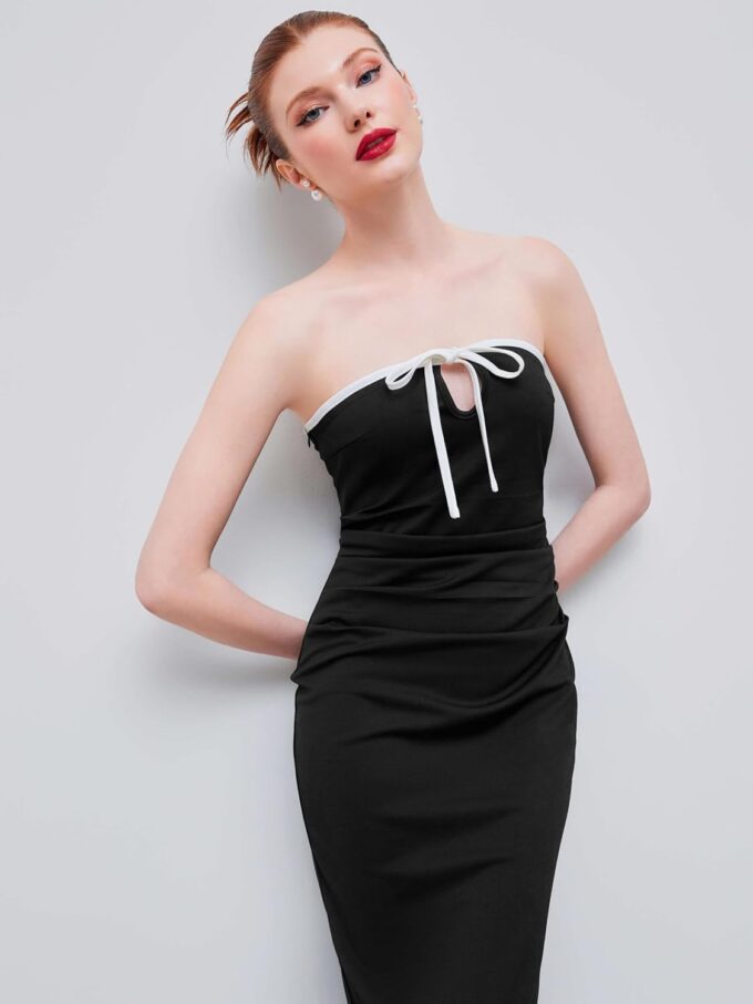 CIDER Strapless Tude Bodycon Midi Dress Ruched Tie Knotted Cocktail Party Summer Dresses – Bild 5