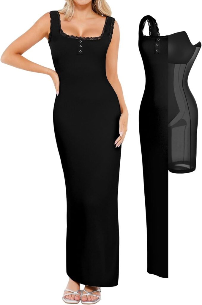 Popilush Shapewear Tank Dress Summer Maxi Dress Built-in Bra Square Neck Lace Trim Going Out Vacation Dresses for Women