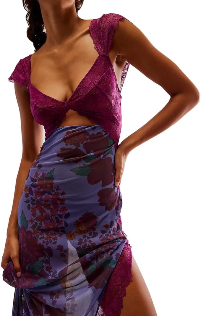 Women Sexy Lace Patchwork Mesh Maxi Dress Floral Print Cutout Sweetheart Neck Backless Slit Summer Y2K Long Dresses – Bild 2