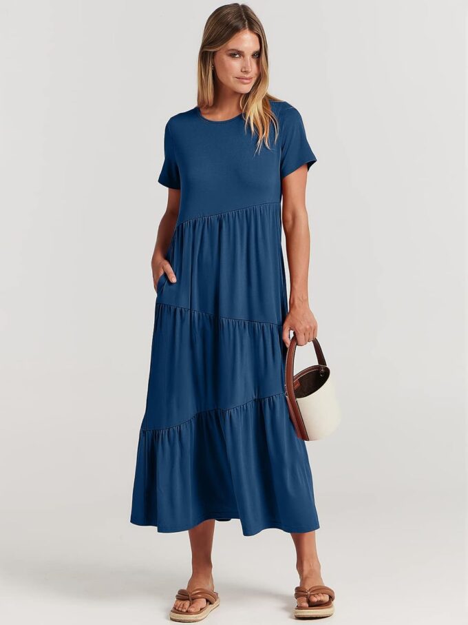 ANRABESS Women Summer Maxi Dress Short Sleeve Swing Casual Asymmetric Tiered Vacation Long Beach Sundress Outfits – Bild 2