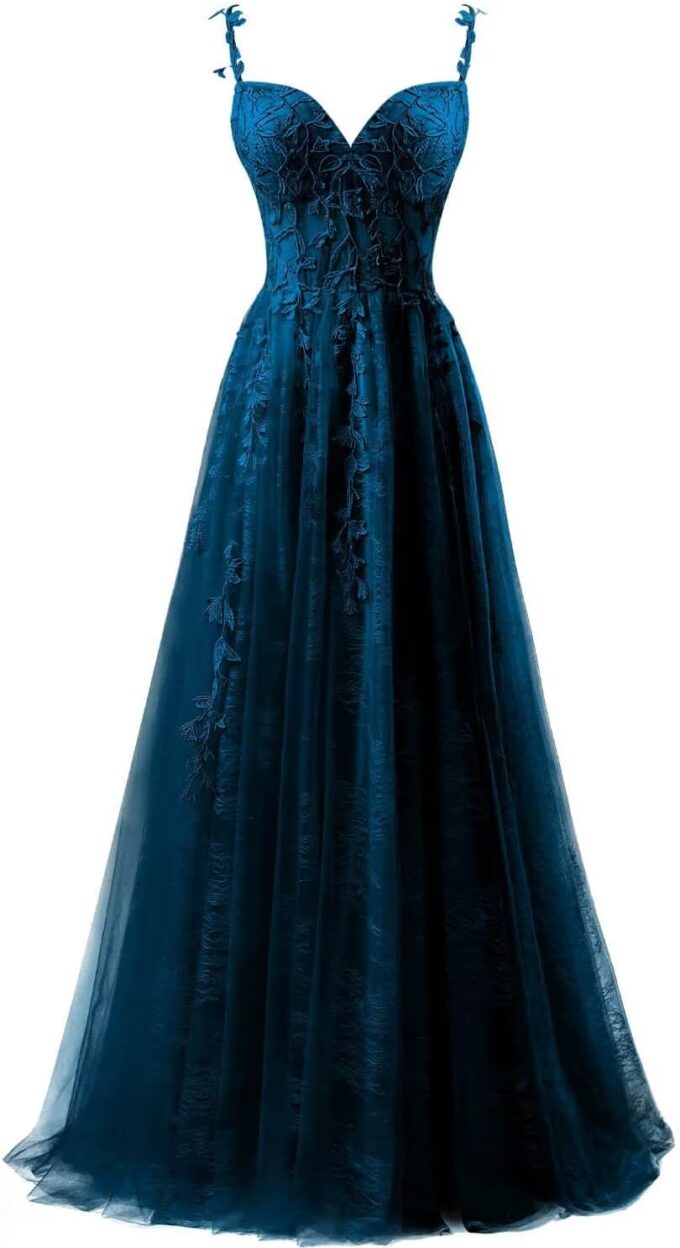 YUAOHUANG Lace Applique Tulle Prom Dresses for Women 2025 Spaghetti Straps Ball Gown Formal Evening Party Gown with Slit