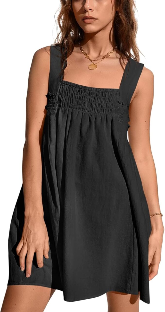 Fisoew Women 's Summer Casual Sleeveless Mini Dress Square Neck Smocked Swing Loose Babydoll Dress