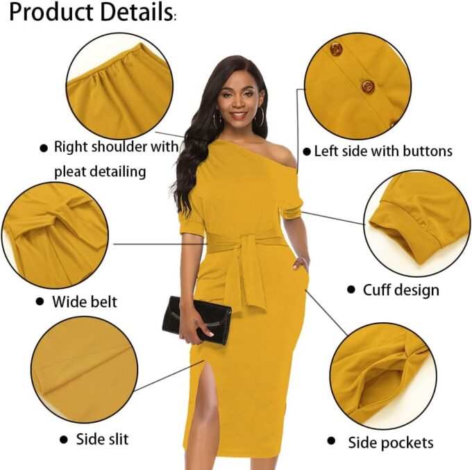 Womens Classy Off Shoulder Short Sleeve Belted Side Slit Midi Pencil Dress with Pockets – Bild 3