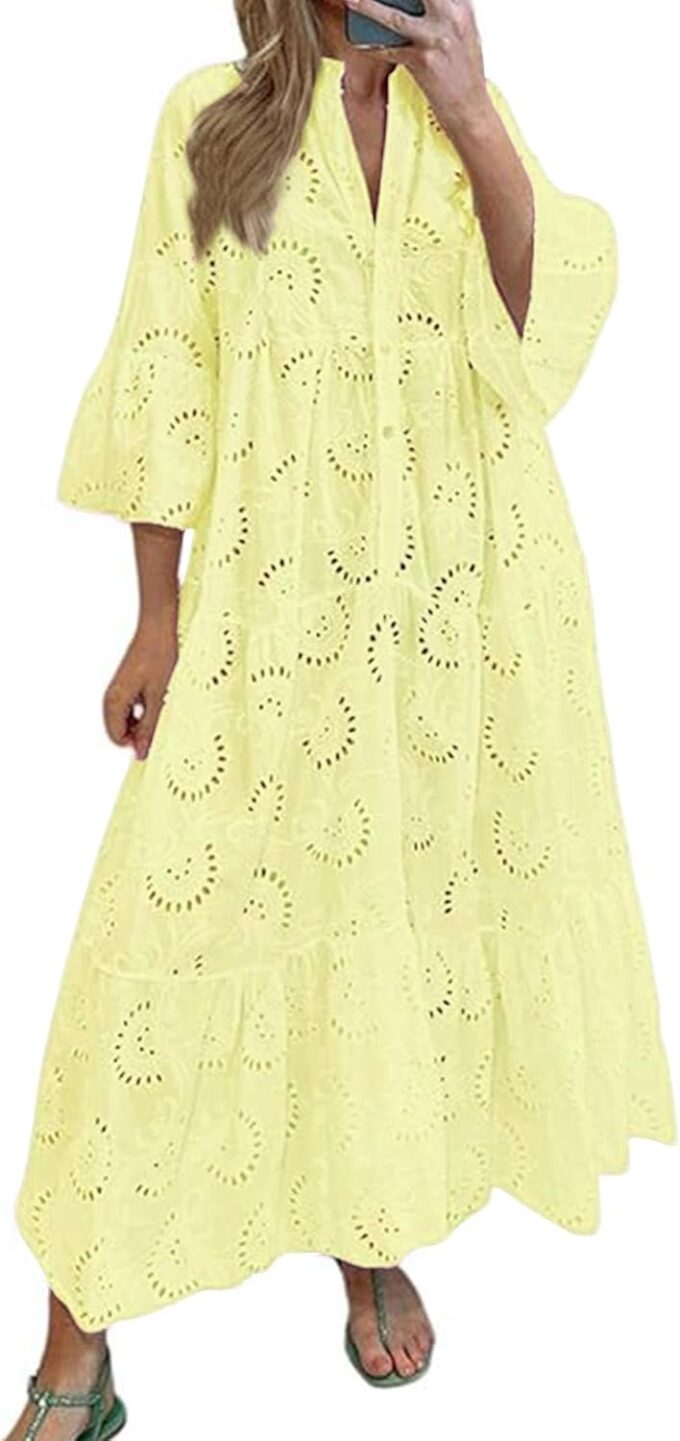 Women's Long Flowy Embroidered Eyelet Tiered Double Lined Loose Fitting Dresses