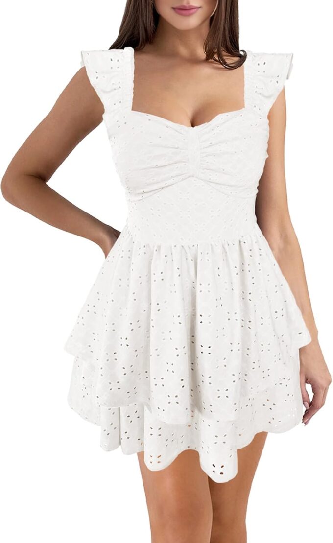 HESUUIO Women's Summer Mini Dress Elegant Backless Hollow Out Eyelets Layered Flowy Swing Short Party Dress Casual Sundress – Bild 5