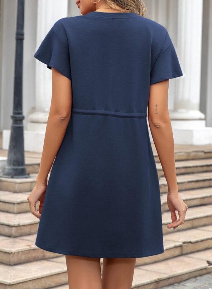 EVALESS Womens Spring Summer Dresses 2025 Casual Round Neck Ruffle Short Sleeve Flowy A Line Mini Dress with Pockets – Bild 4