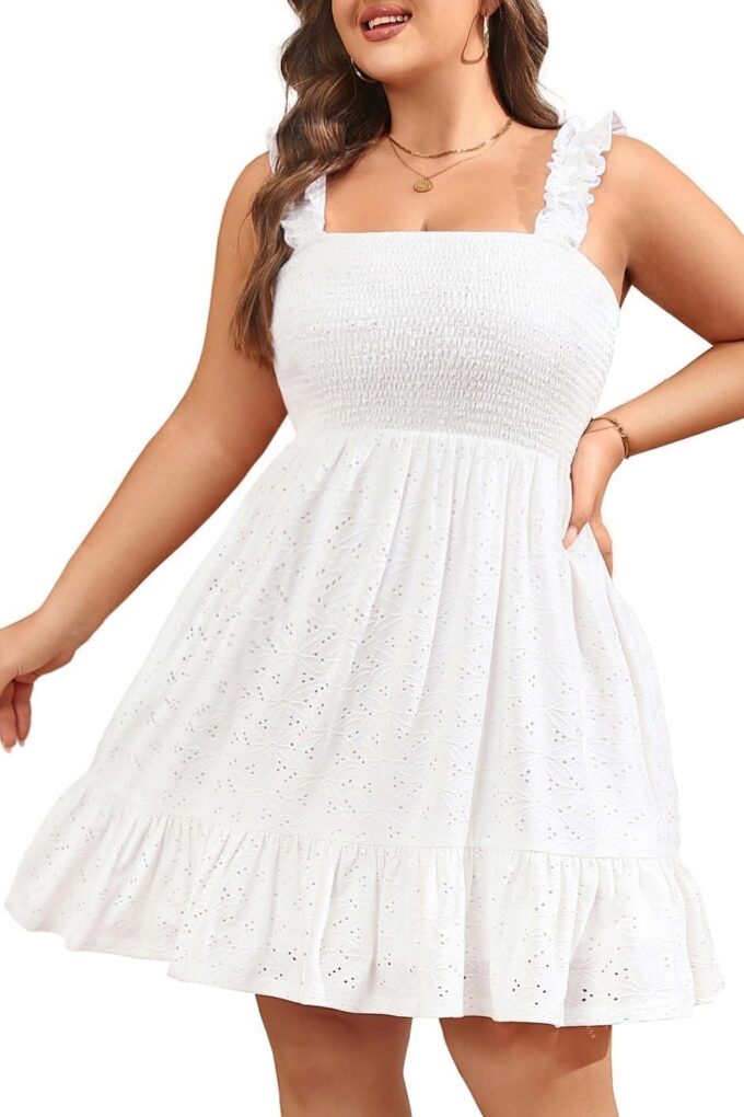 Women’s Plus Size Summer Dresses - Casual Eyelet Square Neck Sleeveless Smocked Ruffle A-Line Cute Short Sundress