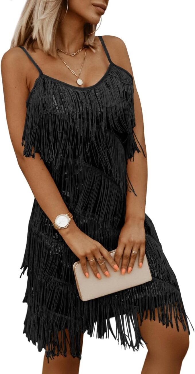 miduo Womens Sequin Tassel Fringe Party Dress Sleeveless Spaghetti Straps Flapper Dresses Cocktail Mini Dresses
