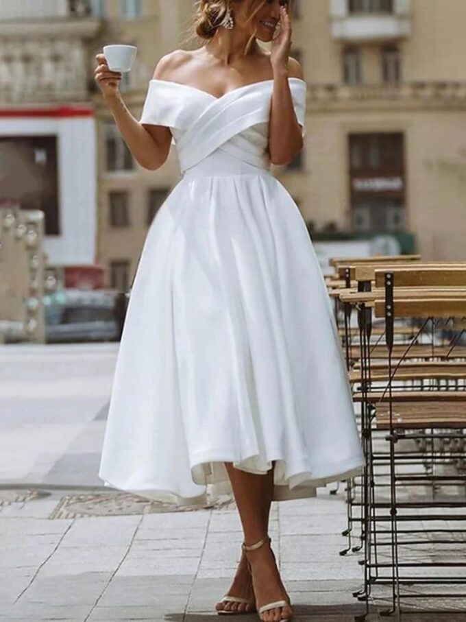 Simple Short Wedding Dresses for Bride Modest White A Line Off The Shoulder Tea Length Satin Wedding Dress for Women Formal Bridal Shower Engagement Elopement Dresses US12 – Bild 5