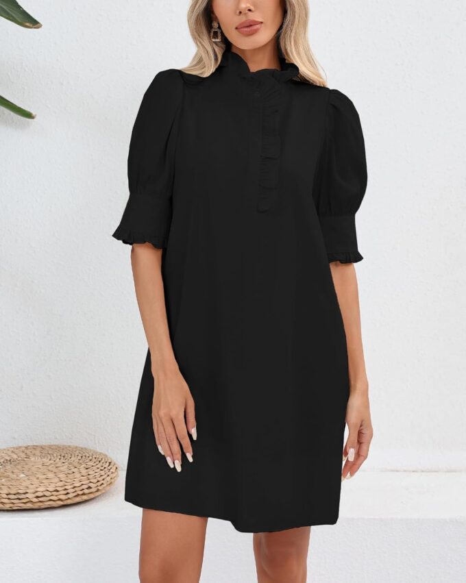 Women's Puff Short Sleeve Stand Ruffle Collar Summer Dress Casual A Line Shift Mini Dress with Pockets – Bild 5