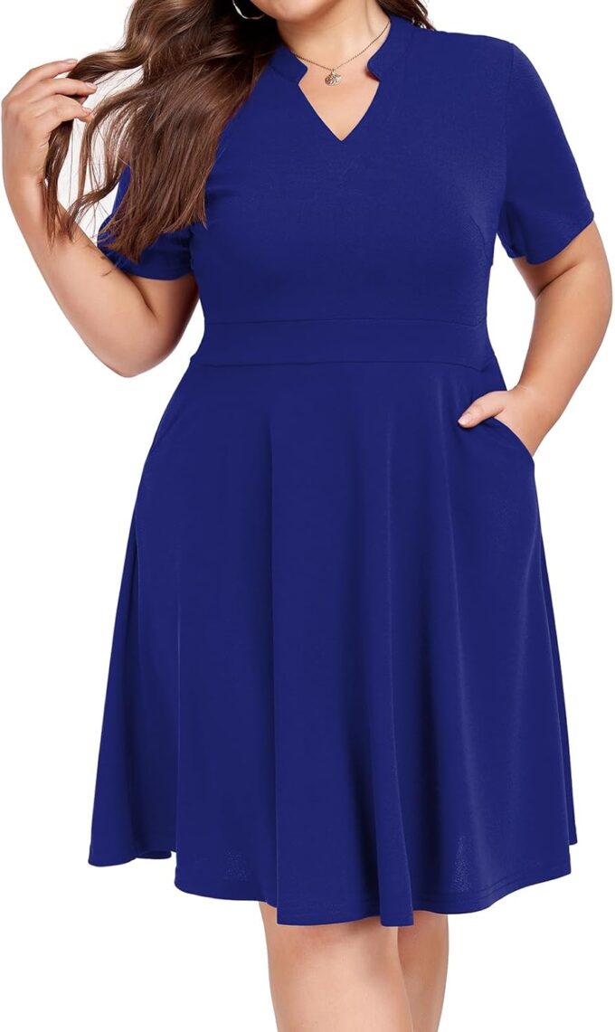 Mokayee Womens Plus Size Dresses Summer V Neck Casual Semi Formal Knee Length Church Wedding Guest Dresses with Pocktes – Bild 2