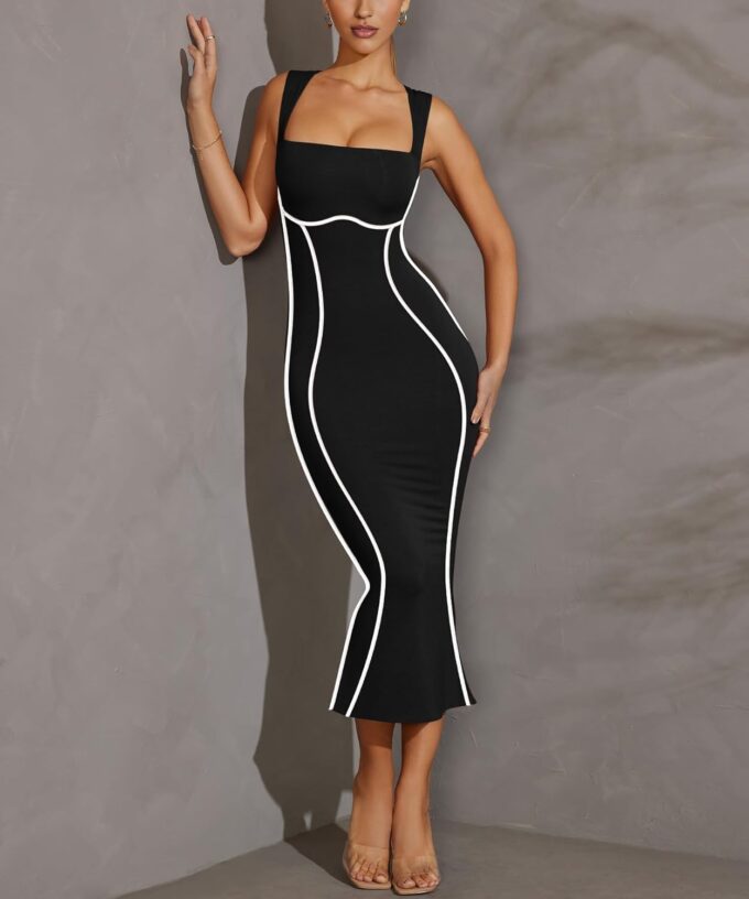 Lrady Women's Square Neck Dresses Long Sleeve Contrast Binding Split Bodycon Mermaid Evening Cocktail Party Dress – Bild 3