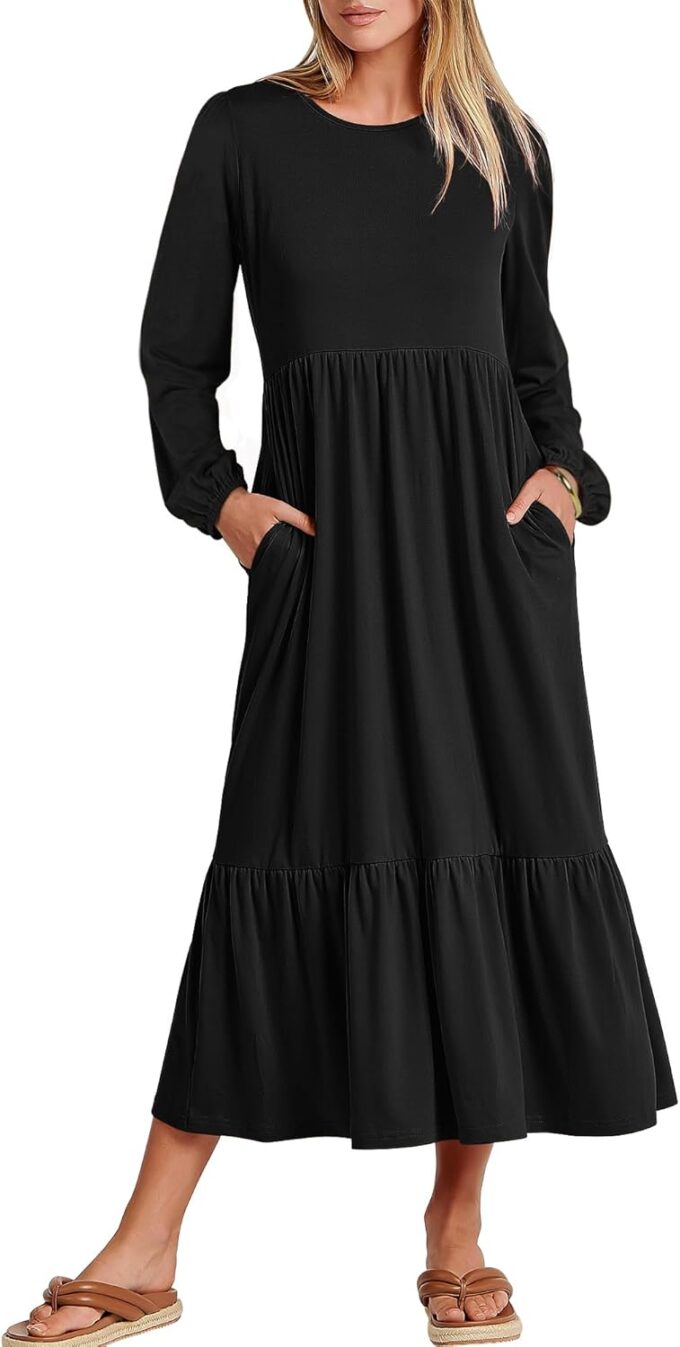 ANRABESS Women's Casual Long Sleeve Midi Dress 2025 Fall Crewneck A Line Tiered Flowy Loose Trendy Dresses with Pockets