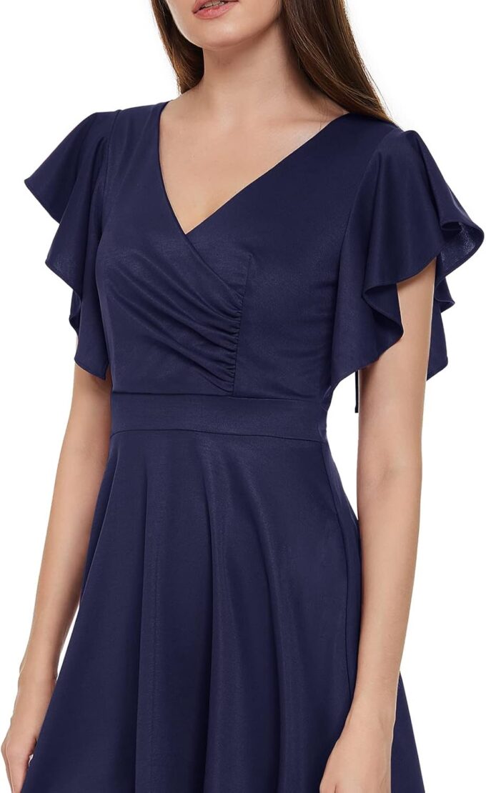 Women's Cocktail Dress Wrap V Neck Ruffle Short Sleeve A Line Work Formal Wedding Guest Midi Dress with Pockets – Bild 5