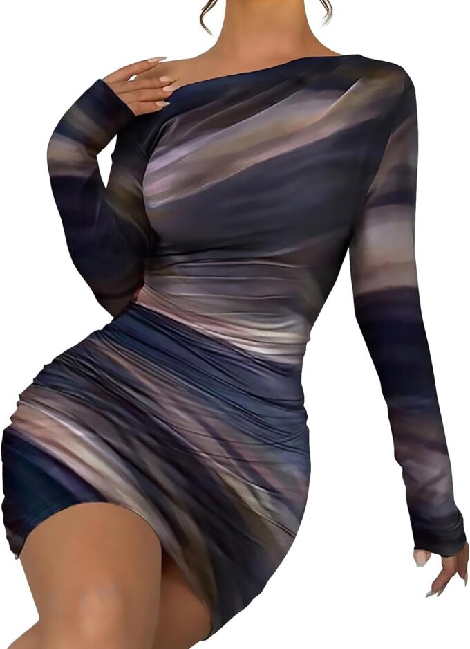 Women's Long Sleeve Bodycon Mini Dress Tie Dye Print Slim Fit Asymmetrical Neck Elegant Formal Ruched Short Dresses – Bild 2