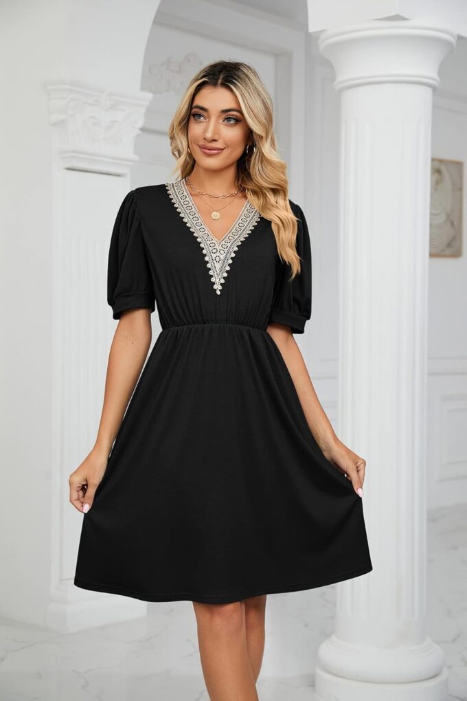 Womens A line V Neck Dress with Pockets Solid Color Short Sleeve Waist Retraction Dress – Bild 3