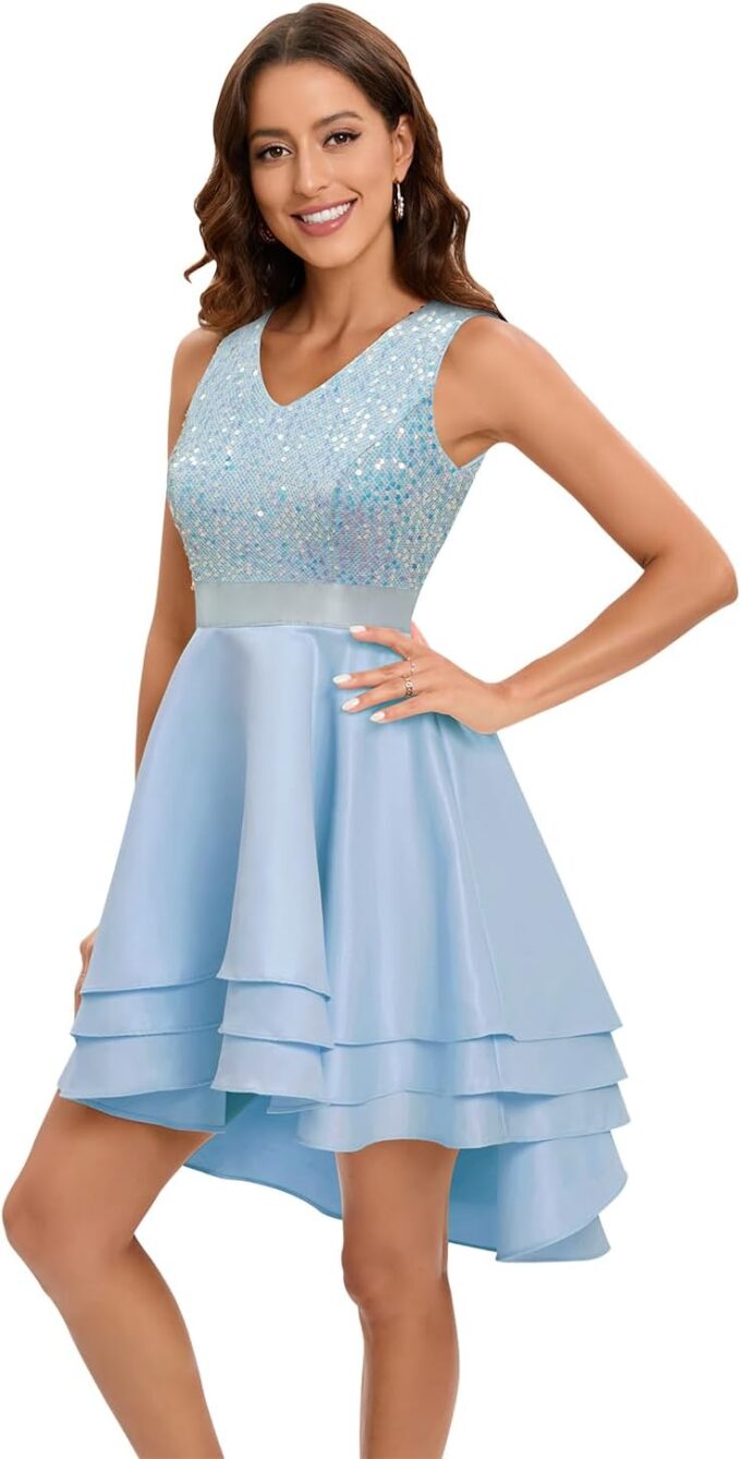 Meetjen Women's Sequin Prom Dresses Cocktail Party Sparkly Short V Neck A-line High Low Satin Formal Dress for Wedding – Bild 2