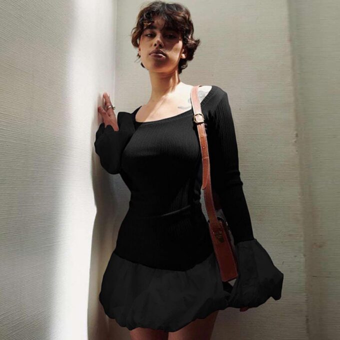 Women's 2024 Fall Dress Sexy Crew Neck Puffy Long Sleeve Bubble Party Club Bodycon Mini Dresses – Bild 5