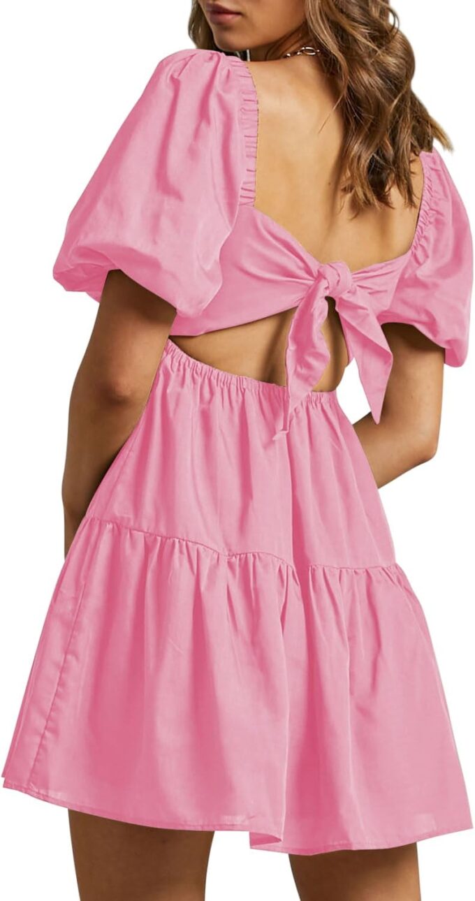 OWNGIGI Women's Summer Dress Square Neck Puffy Short Sleeve Loose Tie Back Casual A-Line Mini Dresses