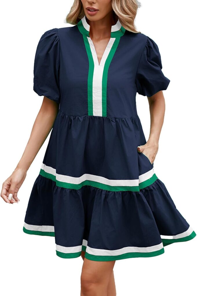 LifeShe Womens Puff Sleeve Babydoll Dress V Neck Navy Blue Striped Color Block Tiered Mini Dresses – Bild 4