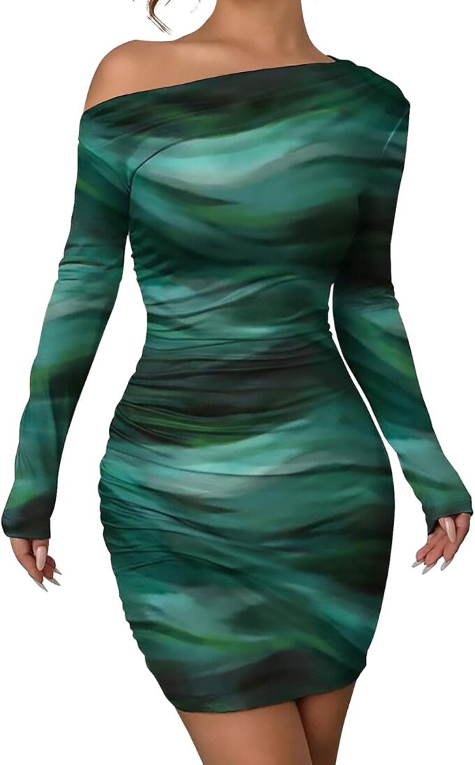 Women's Long Sleeve Bodycon Mini Dress Tie Dye Print Slim Fit Asymmetrical Neck Elegant Formal Ruched Short Dresses