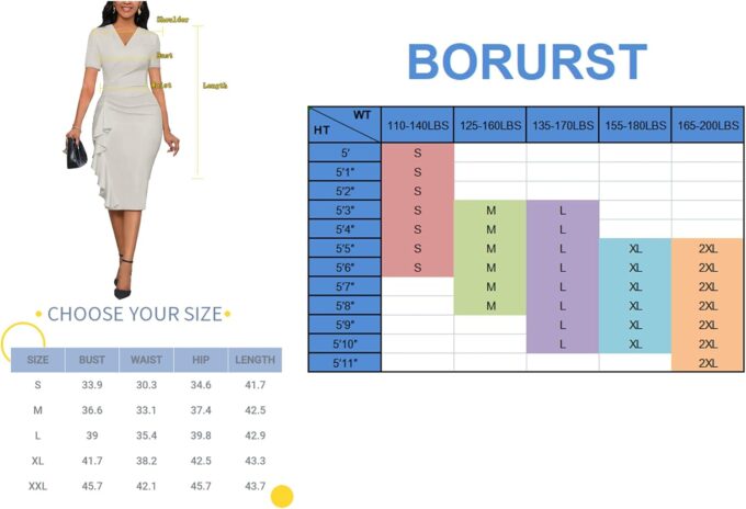 BOGURST Kleider für Damen, 2024, kurzärmelig, figurbetont, Rüschen, Vintage, Arbeit, Midi-Bleistiftkleid – Bild 3