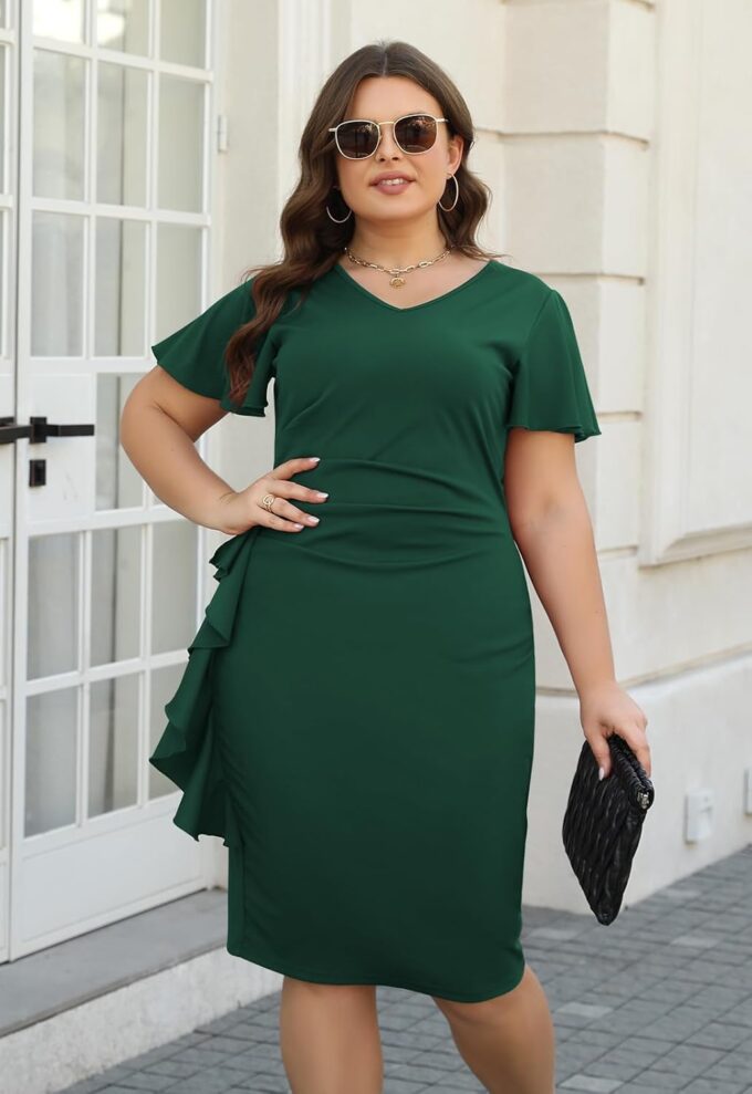 Celkuser Figurbetontes Kleid für Damen, Übergröße, für Arbeit, Kirche, Retro, V-Ausschnitt, Rüschenärmel, lässig, Cocktailparty, Bleistiftkleid, Midi-Kleid – Bild 4