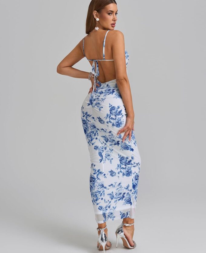 Women's Summer Mesh Floral Maxi Dress Sleeveless Spaghetti Strap Ruched Bodycon Formal Party Fitted Long Dresses – Bild 2