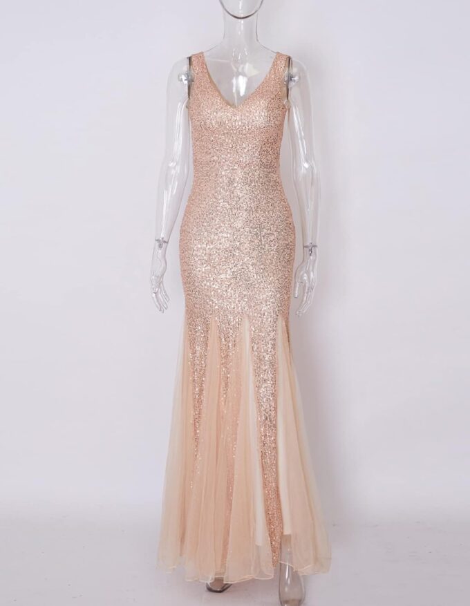 A ARFAR Women Sequin Dress Tulle Party Dress for Women Sexy V-Neck Dress Formal Long Dresses Evening Prom Gowns – Bild 3