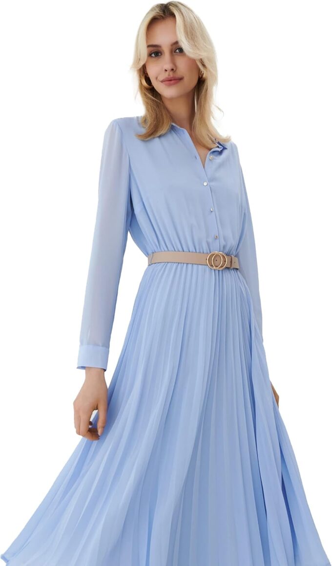 Business Casual Shirt Dress for Women Long Sleeves Pleated Midi Dresses with Belt – Bild 2