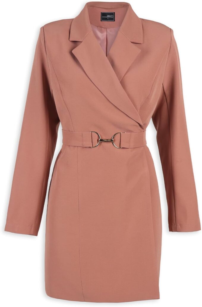 RIRINCO Damen Langarm Wickelkleid Reverskragen Kleid Goldene Kette Gürtel Classy Kleid