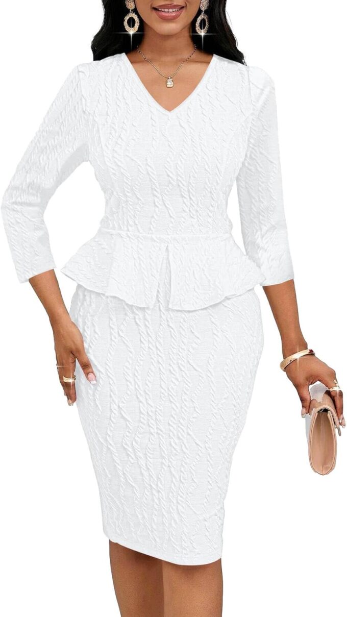 Runwind Schößchen-Kleid für Damen, V-Ausschnitt, 3/4-Ärmel, für die Arbeit, Midi-Kirchenkleider, elegante Bleistiftkleider