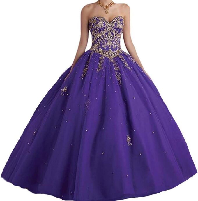 QXMYOO Ball Gown Sweet 16 Dress Quinceanera Formal Long Prom Dresses with Gold Applique – Bild 2