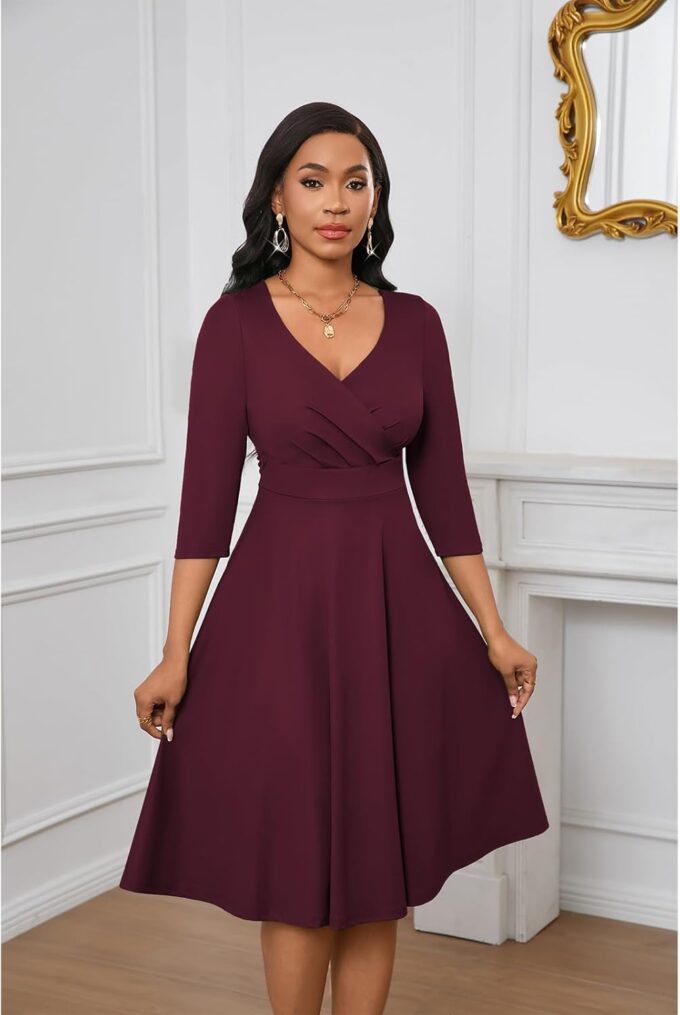 Womens Summer Dress 3/4 Sleeves V Neck 1950s Retro Vintage Wedding Cocktail Party Swing Flowy Wrap Midi Dresses Burgundy L – Bild 5