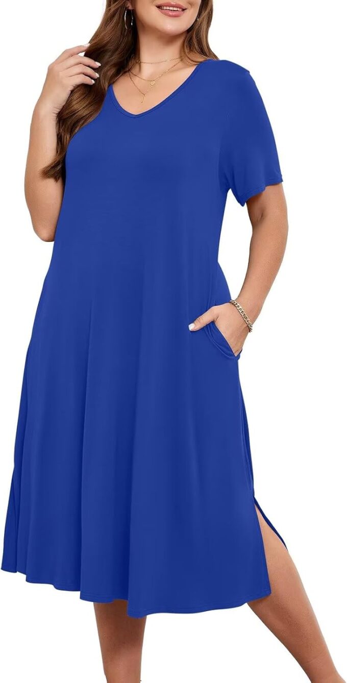 BELAROI Women Plus Size Dresses Summer Casual Loose Midi Tshirt Dress V Neck Short Sleeve Sundress Beach Cover Ups Pockets