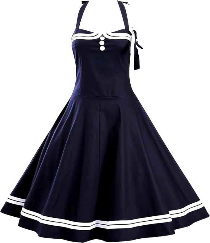 Retro Sailor Dress - S-3XL Women's 1950s Halter Vintage Rockabilly Dress Pinup Retro Sailor Cocktail Dress