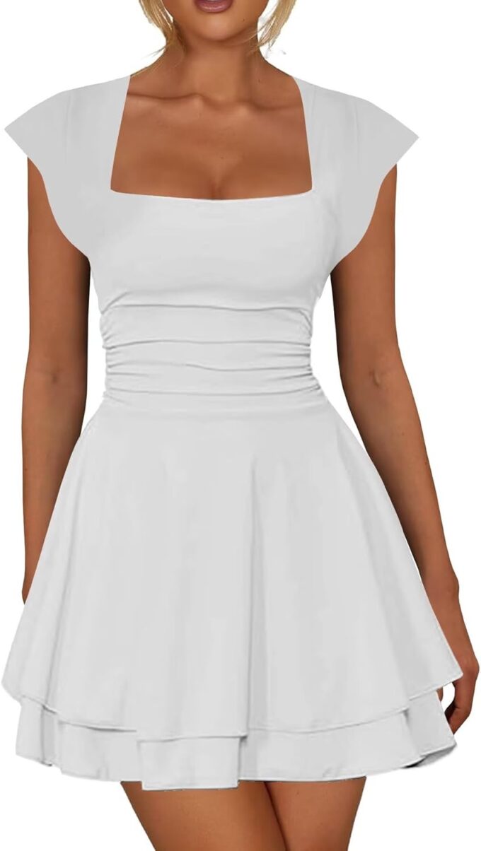 Neyaolk Women's Cap Sleeve Square Neck Ruffle Hem Mini Dress Ruched Waist Short Cocktail Party Dresses