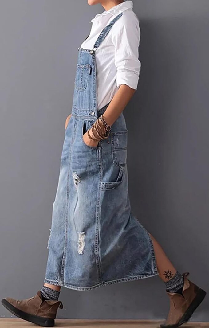 loveimgs Women Distressed Denim Overall Dress Bib Long Jean Jumper Ripped Adjustable Straps Patchwork Pinafore Dress – Bild 4