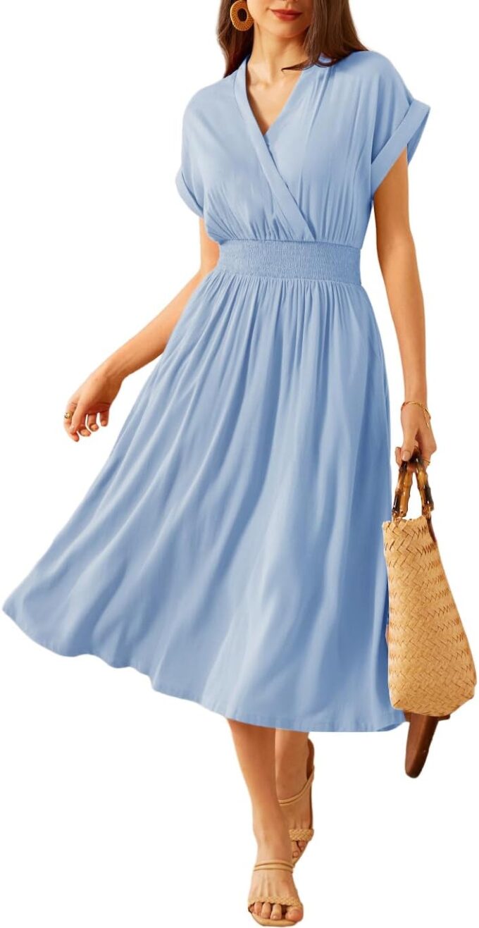GRACE KARIN Casual Dresses for Women 2025 Summer Smocked High Waist Flowy Dress with Pockets