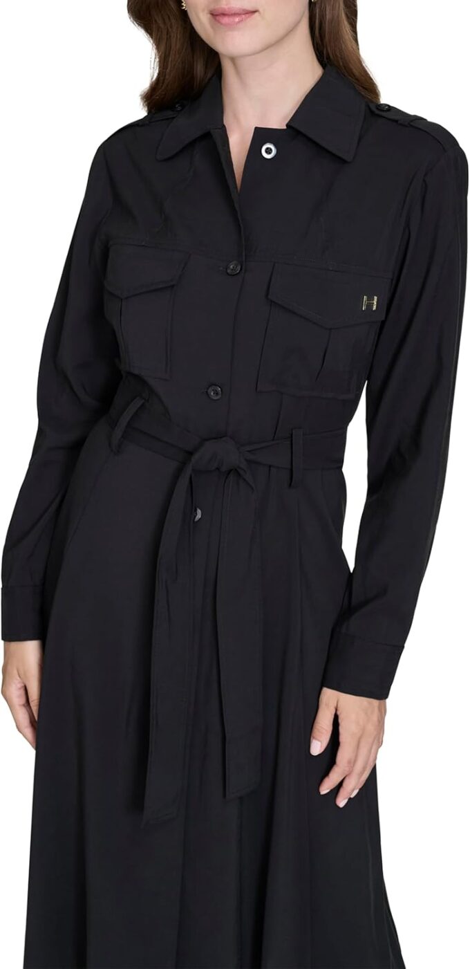 H HALSTON Damen Wear to Work Collared V-Neck Long Sleeve Shirt Dress Kleid – Bild 2
