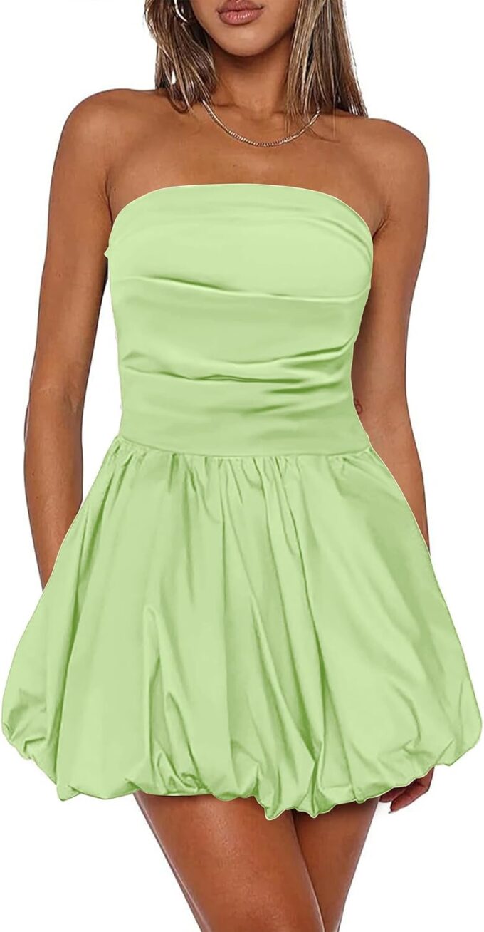 Women's Strapless Tube Top Bubble Mini Dress Ruched Bow Back Dresses Party Cocktail