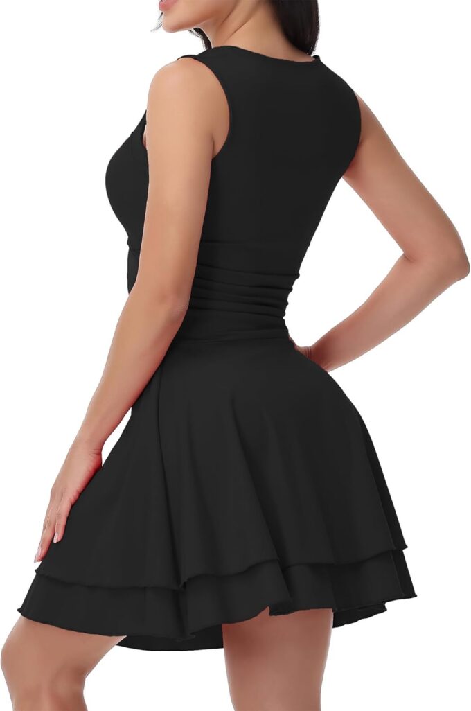 Blaosn Women Square Neck Short Mini Party Dress Ruched Waist Ruffle Flowy Cute Cocktail Bodycon Formal Dresses Summer Fall – Bild 3