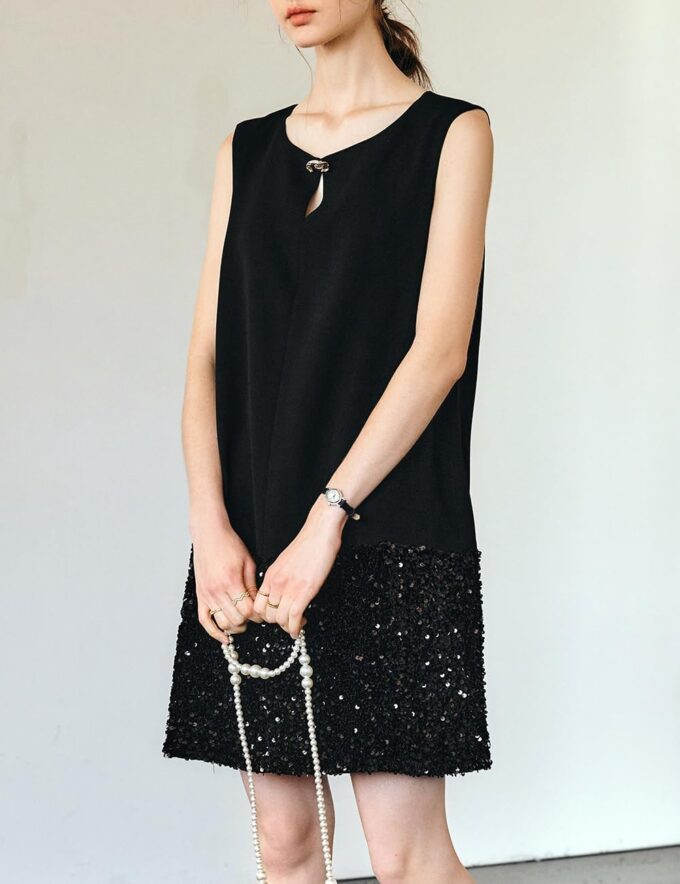 Women's Black Sequined Mini Dress, Round Neck Sleeveless Summer Graduation Party Birthday Nightclub Little Black Dress – Bild 3