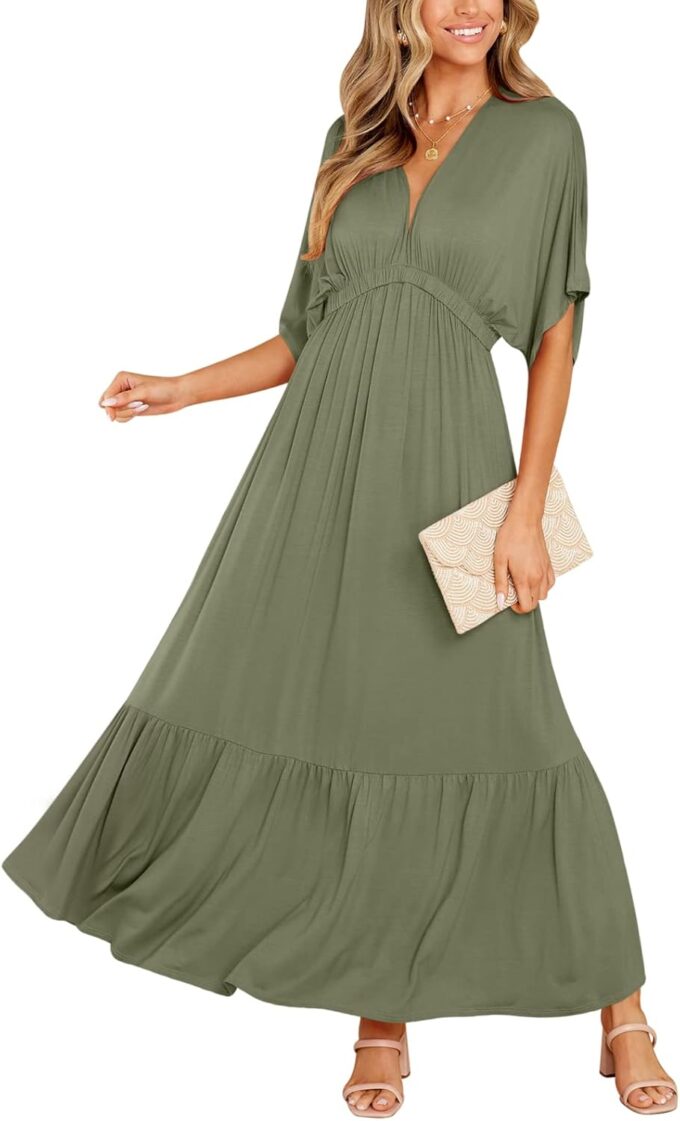 DEEP SELF Women’s Summer V Neck Batwing Short Sleeve Maxi Dress Casual Loose High Waist Flowy Long Beach Dress