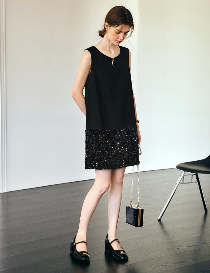Women's Black Sequined Mini Dress, Round Neck Sleeveless Summer Graduation Party Birthday Nightclub Little Black Dress – Bild 6