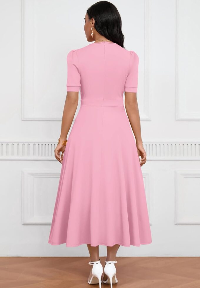 Womens Midi Dresses V Neck Cocktail Church Tea Dresses Short Sleeve A-Line Swing Dresses – Bild 2