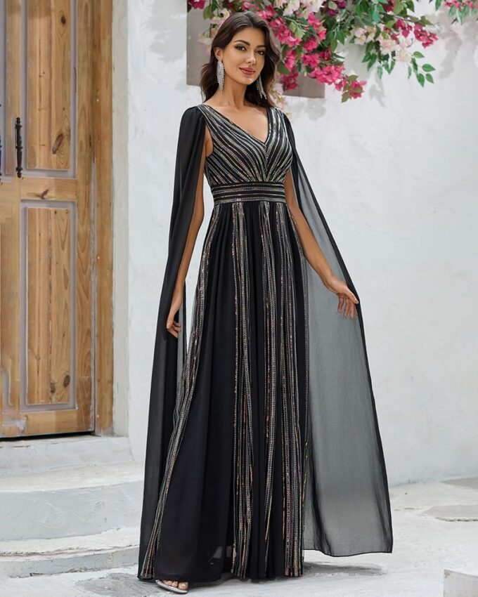 Women's Sparkly Tulle Prom Dresses with Cape A-Line Sexy V Neck Formal Evening Gowns – Bild 4