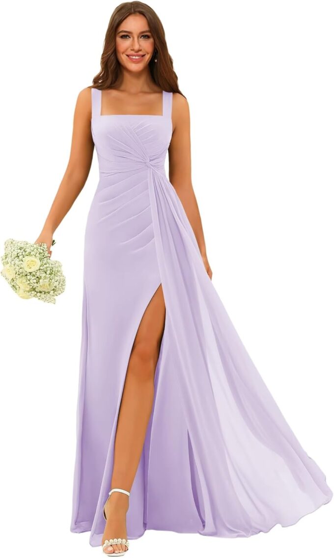 Stylefun Square Neck Bridesmaid Dresses Long with Slit Pleated A Line Chiffon Formal Evening Dress CYM184
