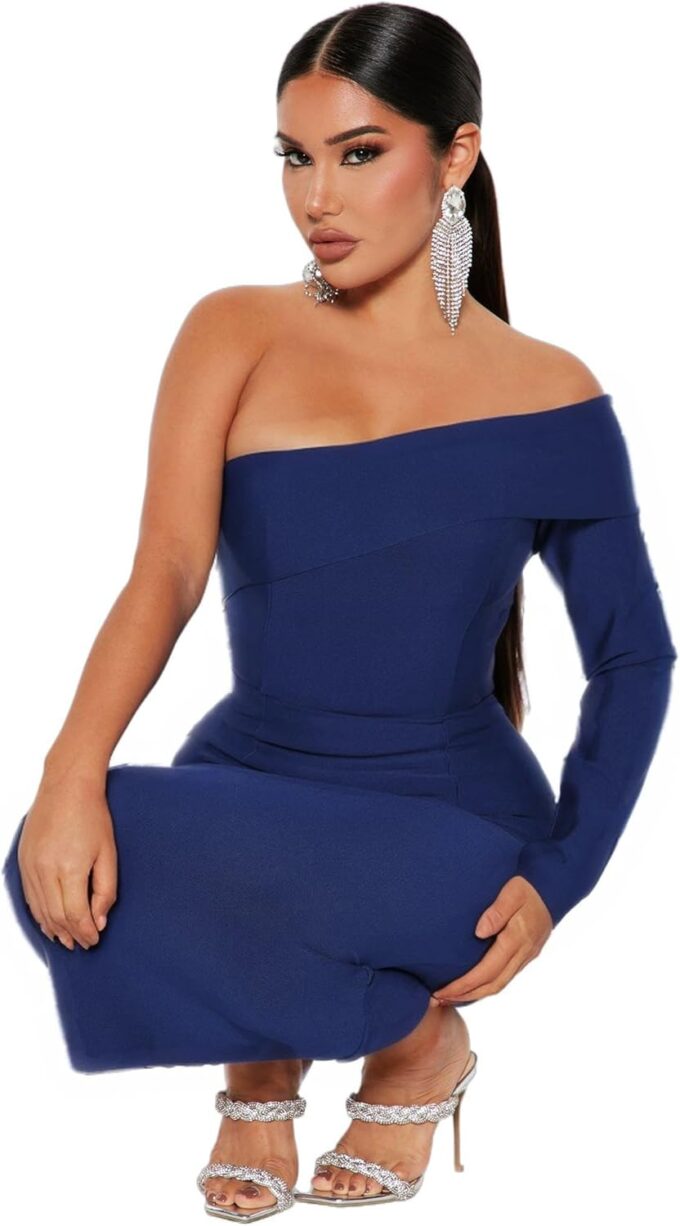 LightlyKiss Women's One-Shoulder Long Sleeve Backless Formal Dress, Elegant Wedding Guest Evening Gown – Bild 7