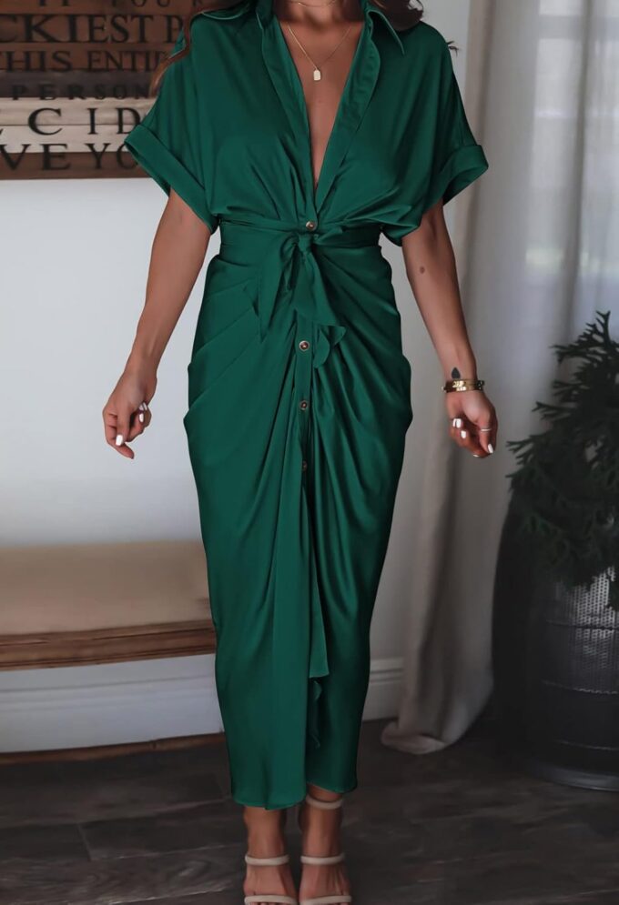 Women Elegant Satin Button Down Short Sleeve Maxi Shirt Dress with Belt – Bild 4